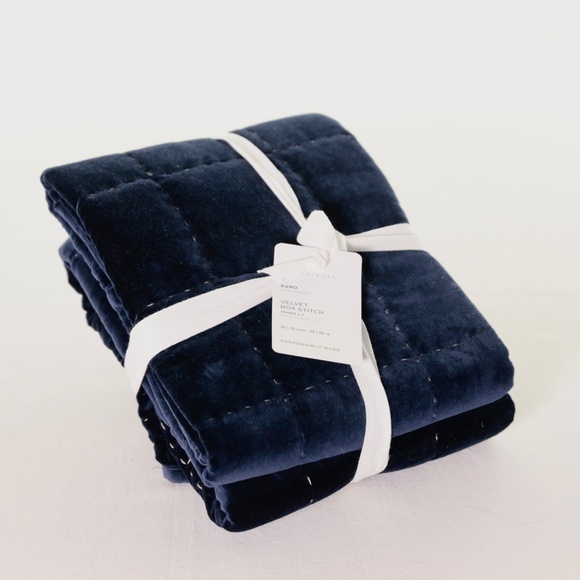 NWT Pottery Barn Handcrafted Velvet Box Stitch Shams - (2) Euro Navy Blue - Picture 1 of 4